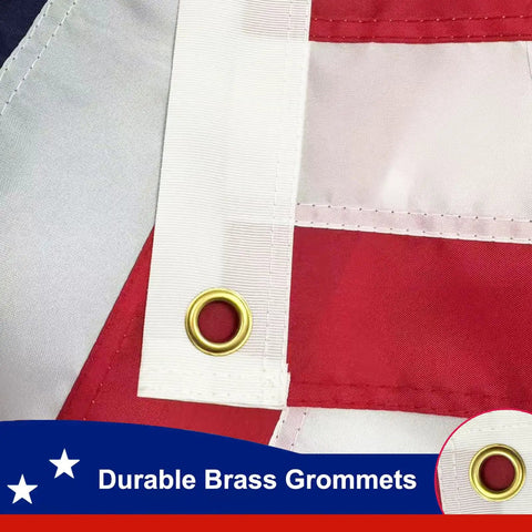 Close-up of brass grommet on Rugged 3x5 Outdoor American Flags For 250th Anniversary Betsy Ross Style Nylon With Embroidered Stars