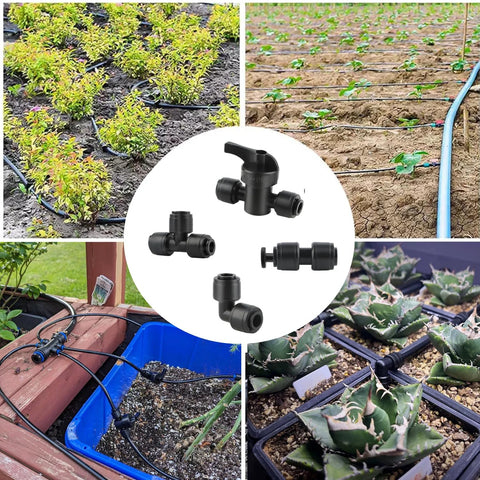 44-piece quick-connect drip irrigation fittings kit for 1/4 inch tubing with shut-off valve and tees (close-up)