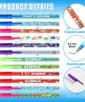 48 Pieces Science Pens Bulk Set With 12 Designs Black Ink 0.5mm Ballpoint Pens For Classroom Rewards Party Favors Back To School Gift And Teacher Supplies, showing colorful designs, pen details, and cap design.
