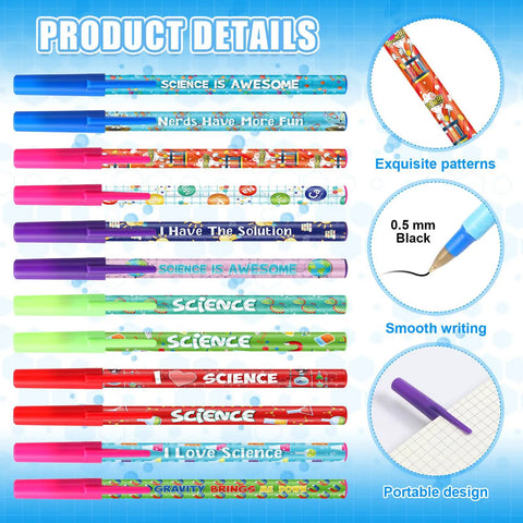 48 Pieces Science Pens Bulk Set With 12 Designs Black Ink 0.5mm Ballpoint Pens For Classroom Rewards Party Favors Back To School Gift And Teacher Supplies, showing colorful designs, pen details, and cap design.