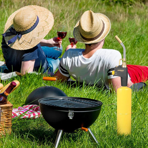 Trigger Start Propane Torch Head For Propane And MAP Gas, Beast Mode High Temperature Flame Up To 2372F, Instant Ignition, next to picnic scene