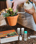 4 In 1 Soil Test Kit With 40 Tests For Nitrogen Phosphorus Potassium And PH Balance For Veggie Plots Lawns And Greenhouses A Fast And Easy Garden Fertility Analyzer For Accurate Soil Analysis next to potted plant and testing materials