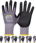 LOCCEF work gloves, 6-pair pack, microfoam nitrile-coated palm with dots, purple/gray knit back, front and back views.