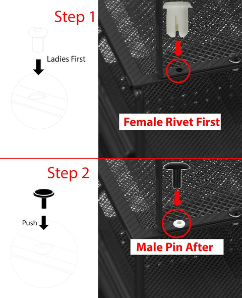 Assembly instructions for a black Mesh Desk Organizer With Sliding Drawer And Double Tray, Five Upright Sections For Files And Office Supplies.