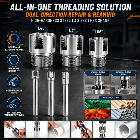 3 Piece PVC Pipe Threader Tool Kit For 1 2 3 4 And 1 Inch Plastic Pipes Heavy Duty Alloy Construction with hex shank compatibility.