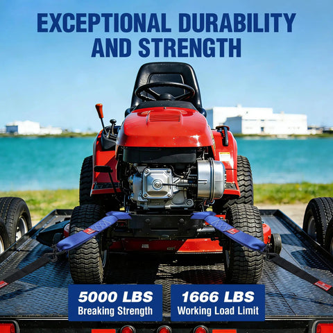 Soft Loop Tie Down Straps 4 Pack 1.6 Inch By 17 Inch 5000 Lbs Break Strength Heavy Duty With Soft Loop Ends For Securing Motorcycles ATVs UTVs Kayaks Dirt Bikes Blue on ATV trailer