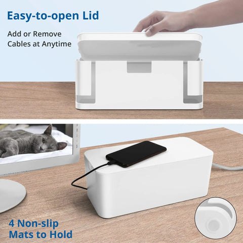 Two Pack Cable Management Box Set To Hide Power Strips On Desk Or Floor, open lid, charging phone on closed box, white ABS plastic