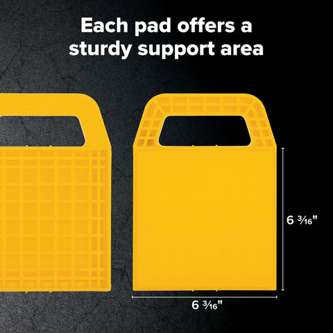 Yellow RV Stabilizing Jack Pads With Interlocking Design And Included Strap For Easy Storage shown with dimensions 6 3/16" x 6 3/16"