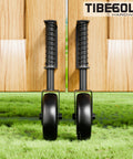 Heavy Duty 4.3 Inch Gate Wheels Black Outdoor Fence Casters With 360 Degree Swivel Spring Loaded Design That Rolls Like Butter Takes The Strain Off Posts Quick Fit 2 Pack mounted on a wooden gate.