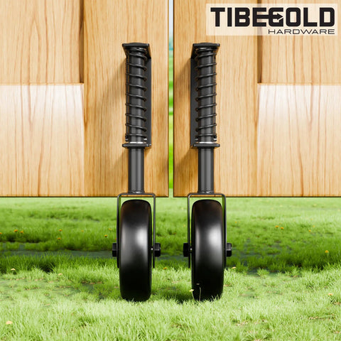 Heavy Duty 4.3 Inch Gate Wheels Black Outdoor Fence Casters With 360 Degree Swivel Spring Loaded Design That Rolls Like Butter Takes The Strain Off Posts Quick Fit 2 Pack mounted on a wooden gate.