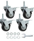 Heavy Duty Workhorse 2 Inch Threaded Swivel Casters With Brakes Set Of 4 for Wire Shelving Units with accessories displayed