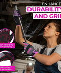 Woman wearing breathable women gardening gloves for work and yard maintenance with touch screen compatibility, flexible spandex back.