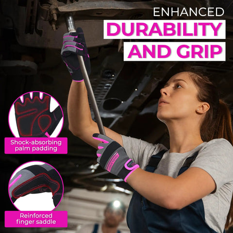 Woman wearing breathable women gardening gloves for work and yard maintenance with touch screen compatibility, flexible spandex back.