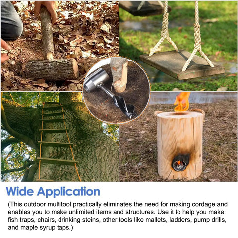 Survival Ready Bushcraft Hand Auger Wrench With Flint Scotch Eye Wood Drill Peg And Manual Hole Maker Multitool in use outdoors.