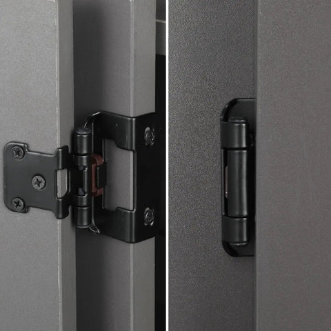 Close-up of 25 Pair Set of Self-Closing Half Inch Overlay Cabinet Hinges in Black, attached to a face frame cabinet.