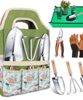 All In One Garden Tool Set For Beginners And Weekend Warriors With Trowel Transplanter Pruner Hand Shovel Weeder Grass Rake Gloves And Tool Bag Perfect Starter Kit For Women displayed on table