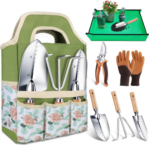 All In One Garden Tool Set For Beginners And Weekend Warriors With Trowel Transplanter Pruner Hand Shovel Weeder Grass Rake Gloves And Tool Bag Perfect Starter Kit For Women displayed on table
