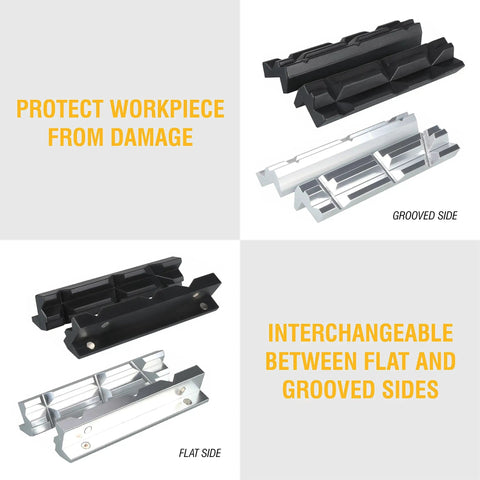 Two Pack Magnetic Vise Jaws Set with grooved and flat sides for damage-free assembly and scratch-free anodized aluminum use.