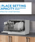 Total Game Changer Compact Countertop Dishwasher In Brushed Stainless Steel With Quick Connect Faucet Setup For Six Place Settings and clean dishes in a snap featuring energy efficient eco mode, showcasing six place settings and silverware basket.