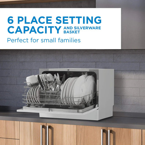 Total Game Changer Compact Countertop Dishwasher In Brushed Stainless Steel With Quick Connect Faucet Setup For Six Place Settings and clean dishes in a snap featuring energy efficient eco mode, showcasing six place settings and silverware basket.