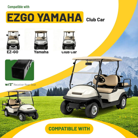 Heavy Duty Golf Cart Bag Holder With 2 Inch Receiver For EZGO Yamaha Club Car Carts shown with compatible carts