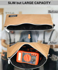 Heavy Duty Tool Backpack With Combo Lock And Dual Canvas Pouches Built Like A Tank For Electricians And Contractors Kicking It High On The Daily Grind In Brown showing slim canvas pouch before and after with multimeter inside.