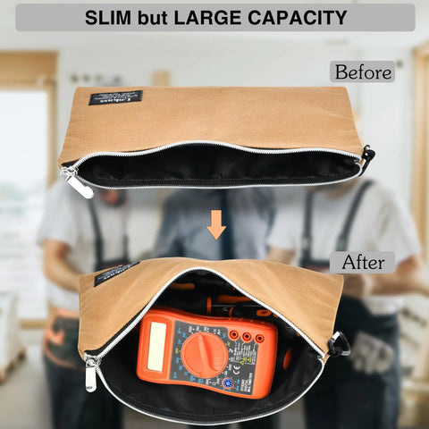 Heavy Duty Tool Backpack With Combo Lock And Dual Canvas Pouches Built Like A Tank For Electricians And Contractors Kicking It High On The Daily Grind In Brown showing slim canvas pouch before and after with multimeter inside.