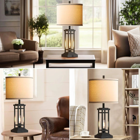 Set Of 2 Dope Farmhouse Table Lamps With USB Ports And Charge Jacks, 27.5 Inch Tall Bedside Lights, in living room scene
