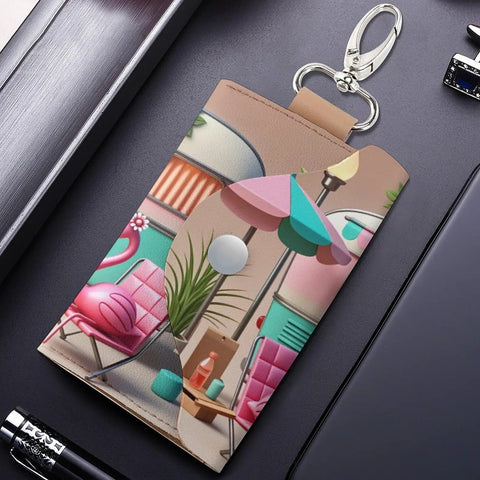 Slim PU Leather Key Wallet For Men And Women, camping RV design, metal keychain, on grey surface