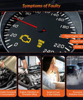 Dashboard gauge with check engine light and text indicating symptoms of faulty EVAP Canister Purge Valve Solenoid Fits Hyundai Sonata 2006-2014 Tucson 2010-2015 Santa Fe 2010-2012 Genesis Coupe Kia Optima Sorento Sportage Forte Rondo No Fuss Install Replacement For Modern SUVs