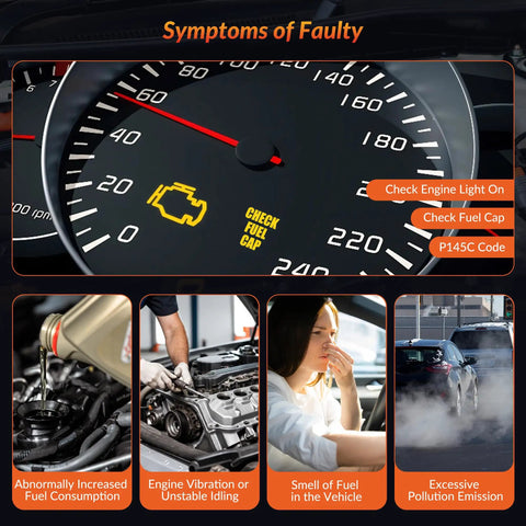 Dashboard gauge with check engine light and text indicating symptoms of faulty EVAP Canister Purge Valve Solenoid Fits Hyundai Sonata 2006-2014 Tucson 2010-2015 Santa Fe 2010-2012 Genesis Coupe Kia Optima Sorento Sportage Forte Rondo No Fuss Install Replacement For Modern SUVs