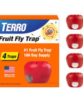 Indoor Fruit Fly Trap 4 Pack With 180 Day Food Based Lure, bright red traps in a compact package for pest control.
