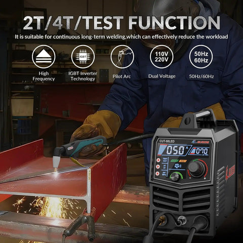 Dual Voltage Plasma Cutter 110 And 220 Volt, 50 Amp Inverter With Pilot Arc, Large LED Display, Air Sensor in use in workshop