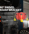 Retractable Extension Cord Reel With 40 Ft 12 AWG SJT Cable mounted on garage wall with 180° swivel bracket, 3-outlet tap visible.