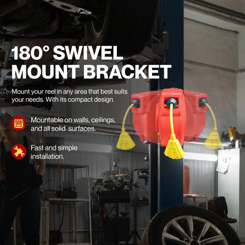 Retractable Extension Cord Reel With 40 Ft 12 AWG SJT Cable mounted on garage wall with 180° swivel bracket, 3-outlet tap visible.