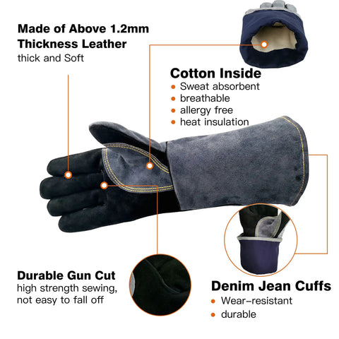 Diagram of 16 Inch Leather Welding Gloves 932F Heat Resistant Large Mitt For BBQ Oven Grill Fireplace TIG MIG Forge Baking Stove