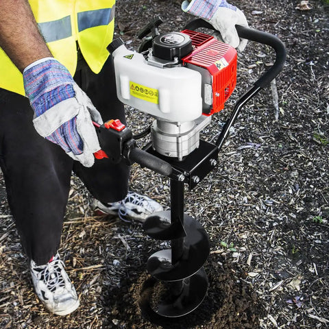 Person using Gas Powered Earth Auger With 6 Inch Digger Bit For Post Holes And Tree Planting, 2 Stroke Engine, Heavy Duty