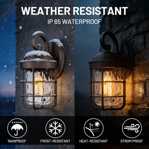 Industrial Outdoor Wall Light Fixtures Set Of 2 With Water Ripple Glass glowing in snowy weather at night