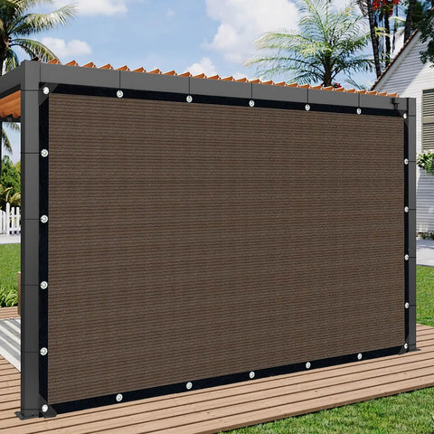 Mocha Brown 8x10 Ft Sun Shade Cloth With Grommets for outdoor patio and pergola, set against a garden backdrop.