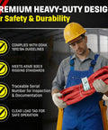 Red 30ft Endless Round Polyester Rigging Sling Built Tough For Industrial Lifting And Rigging Work Made In USA With 13,200 Lb Vertical Load And 10,560 Lb Choker Capacity, worker holding sling