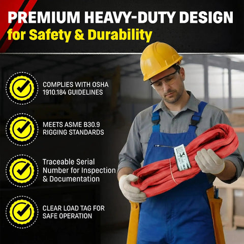 Red 30ft Endless Round Polyester Rigging Sling Built Tough For Industrial Lifting And Rigging Work Made In USA With 13,200 Lb Vertical Load And 10,560 Lb Choker Capacity, worker holding sling