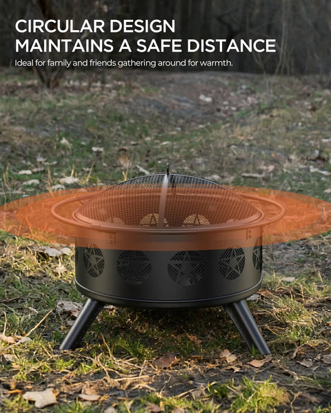 32 Inch Fire Pit With BBQ Grill And Mesh Cover For Outdoor Patio Backyard Bonfires Includes 360 Degree Rotating Grill And Fire Poker Pentagram Hollow Design Round Metal Firepit For Grill Nights And Garden Fun in backyard setting