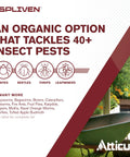 Product label for Organic Insecticide With Spinosad 0.5 Percent Concentrate 32 Oz Outdoor Insect Killer For Vegetable Gardens Lawns And Landscapes OMRI Listed For Organic Use Easy To Use Pest Power For Your Backyard And Garden showing pest types and garden scene.