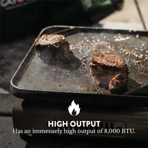 Dual Fuel Camping Stove For Propane Or Butane With Piezo Ignition, Portable Stove cooking steak on griddle, high output