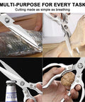 Heavy Duty Kitchen Scissors Multi Purpose Shears For Chicken Poultry Fish Meat And Herbs Dishwasher Safe With Non Slip Grips Extra Thick 3.5 mm Blades Built Tough For Everyday Kitchen Snipping, fish and chicken cut close-up