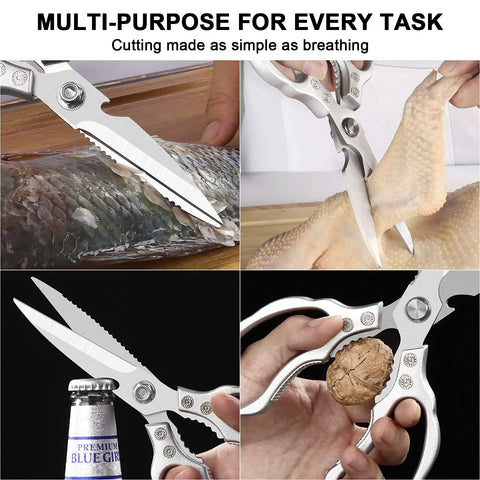 Heavy Duty Kitchen Scissors Multi Purpose Shears For Chicken Poultry Fish Meat And Herbs Dishwasher Safe With Non Slip Grips Extra Thick 3.5 mm Blades Built Tough For Everyday Kitchen Snipping, fish and chicken cut close-up