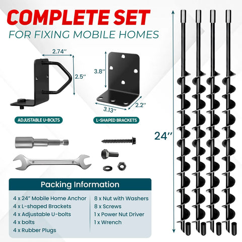 Heavy Duty 24 Inch Spiral Blade Mobile Home Ground Anchor 4 Pack With L Shaped Brackets U Bolts And Nut Driver For High Wind Camping Tents Swing Sets And Outdoor Rigs Weather Resistant Easy Screw In Installation, image of ground anchors, U-bolts, L-brackets, nuts included.