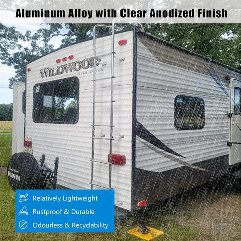 Premium Aluminum Exterior RV Ladder 7 Step For Travel Trailers Universal Outdoor Ladder Lightweight Yet Heavy Duty Rust Resistant Easy Install Supports Up To 250 Pounds installed on rear of travel trailer