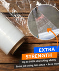 Heavy Duty 80 Gauge Clear Stretch Film Rolls, 4 Rolls, 18 Inch By 1500 Feet Each, Industrial Strength Packing Wrap For Shipping Moving And Logistics, Self Adhering And Highly Transparent, Durable, Holder Included. Display showing stretching ability and roll features.