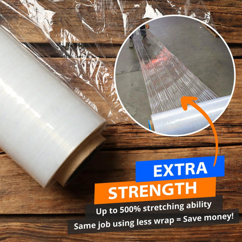 Heavy Duty 80 Gauge Clear Stretch Film Rolls, 4 Rolls, 18 Inch By 1500 Feet Each, Industrial Strength Packing Wrap For Shipping Moving And Logistics, Self Adhering And Highly Transparent, Durable, Holder Included. Display showing stretching ability and roll features.
